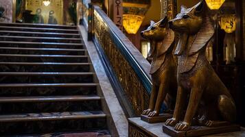 Ancient Egyptian Statues Guard Grand Staircase with Hieroglyphic Detail. photo
