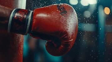 Sweat drops on a red boxing glove after intense training. photo
