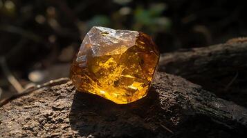 A Glowing Amber Gemstone Resting on a Dark, Textured Natural Surface. photo