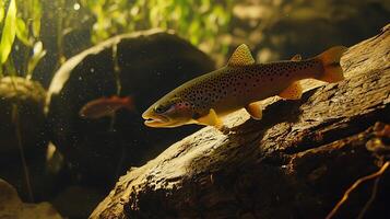 Majestic Trout Swims Near Sunlit Log in Clear Water. photo