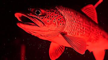 Striking Red Light Illuminates a Trout's Eye and Scales Underwater. photo