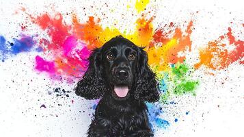 Joyful Black Dog Amidst Vibrant Paint Splatter Explosion. photo