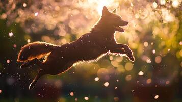 Joyful dog leaps through sunlit blossoms in golden hour light. photo