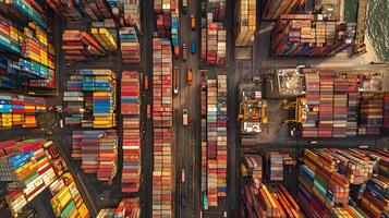 Aerial View of a Busy Shipping Port with Stacked Cargo Containers. photo
