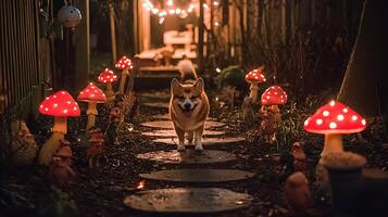 Happy Corgi Walks Through A Magical Garden Path At Night photo