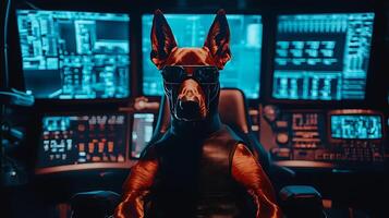 Sci Fi Dog Hacker Wearing Sunglasses Controls Complex Computer System. photo
