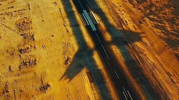 Aerial View Of Airplane Shadow On Desert Runway At Sunset. photo