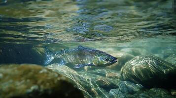 Majestic Salmon Swimming Upstream Through Clear Mountain River Waters. photo