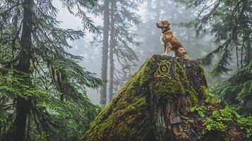 Golden Retriever Sits Proudly on a Mossy Tree Stump in a Foggy Forest. photo