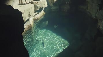 Sunlit Water Ripples on Rocky Cave Pool Surface. photo