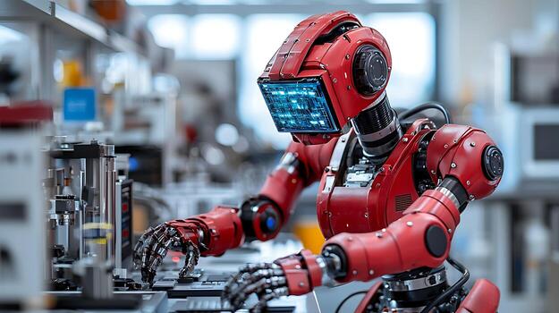 Futuristic Red Robot Working at a Desk in a High Tech Lab. photo