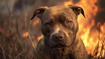 Fierce Pitbull in Warm Golden Light with Blazing Background. photo
