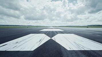 Runway markings guide planes to take off under dramatic cloudy skies. photo