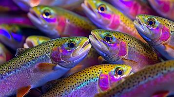 A Close Up View of Vibrant Rainbow Trout in Deep Blue Water. photo