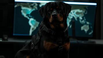 Intelligent Rottweiler Guarding Mission Control With Global Map Display. photo