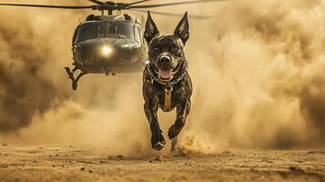 Powerful Military Dog and Helicopter Operating in Dusty Desert Conditions. photo
