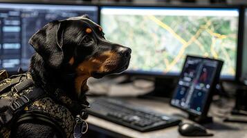 Highly Trained Canine Assistant Monitoring Digital Command Center Data. photo