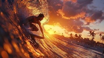 Surfer rides golden wave at sunset with palm trees in background. photo