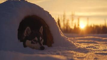 Husky dog resting in a snowy burrow at golden hour. photo