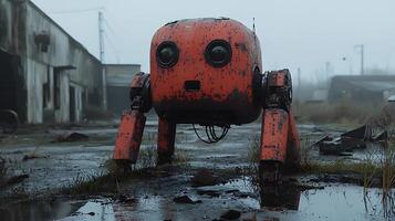Lonely Rusty Robot Wanders Through a Ruined Industrial Wasteland. photo