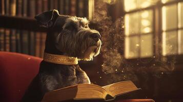 Wise Schnauzer Dog Pondering Life With Open Book in Cozy Library. photo