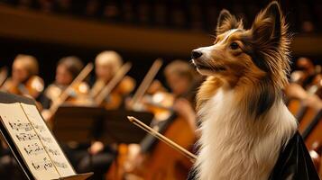 A Dog Conducts the Orchestra with a Baton and Music Sheet. photo