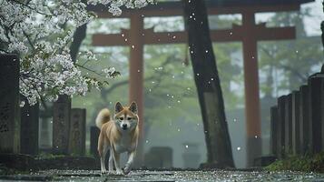 Adorable Shiba Inu walks through falling cherry blossoms near a shrine. photo