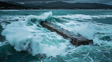 Powerful Ocean Waves Crash Against A Concrete Pier Under Moody Skies. photo