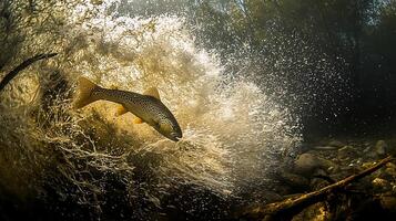 Majestic Trout Navigates Dynamic Underwater Current in Sunlight. photo