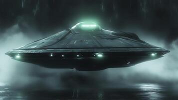 Mysterious UFO craft descends through atmospheric rain and mist. photo