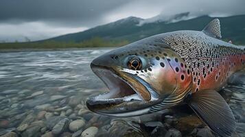 Close up of a rainbow trout emerging from a rocky river with mountains. photo