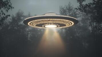 Mysterious Alien Spaceship Descends Through Foggy Forest With Glowing Beam. photo