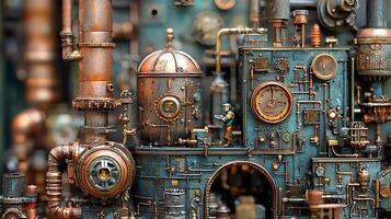 Intricate Steampunk Machine With Copper Pipes And A Tiny Figure. photo