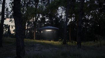 Unidentified flying object lands in a dark forest at dusk. photo
