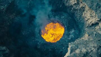 Fiery Volcano Crater with Lava Glow and Smoke Clouds. photo
