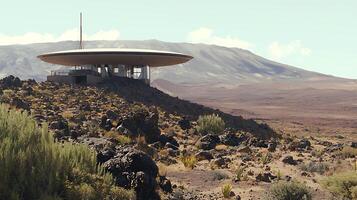 Futuristic Observatory Perched Above a Barren Desert Landscape. photo