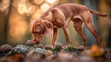 Curious dog sniffs unusual textured mushrooms in golden forest light. photo