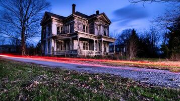 Abandoned Victorian Manor Under a Twilight Sky with Red Light Streaks. photo