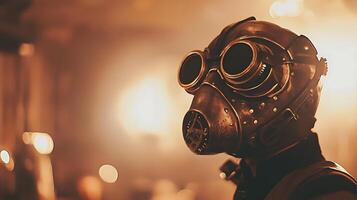 Steampunk Gas Mask Warrior Emerges from Foggy Apocalypse Scene. photo