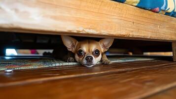 Adorable Chihuahua Peeking Out from Underneath a Wooden Surface. photo
