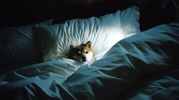 Adorable Shiba Inu Dog Cozy in Bed with Soft White Sheets. photo