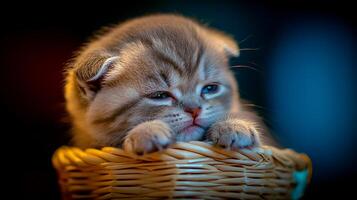 Adorable Kitten Peeking Over Edge of Woven Basket. photo