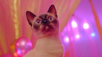 Curious Siamese Cat with Big Blue Eyes in Soft Pink and Purple Lights. photo