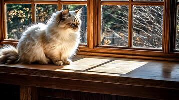 Fluffy Cat Enjoys Sunlight on Wooden Window Sill, Gazing Outside. photo