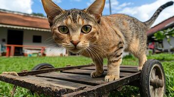 Curious Kitten Investigates on Old Wooden Cart in Sunny Garden. photo