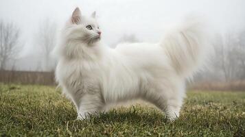 Majestic white cat with striking blue eyes surveys its misty surroundings. photo