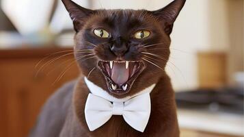A Formal Feline Frightens With A Wide Open Mouth. photo