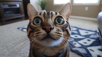 Close Up Of A Bengal Cat's Face Looking Directly Into The Camera. photo