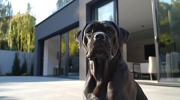 Loyal Black Dog Poses Proudly In Front of Modern Home. photo