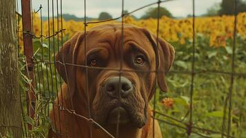A dog looks through a wire fence with sunflowers in the background. photo